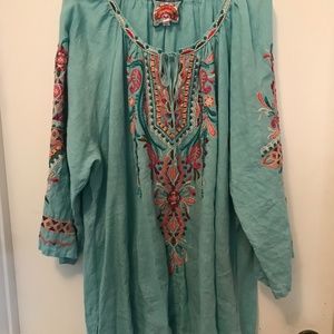 Johnny Was 2XL Turquoise Embroidered Blouse